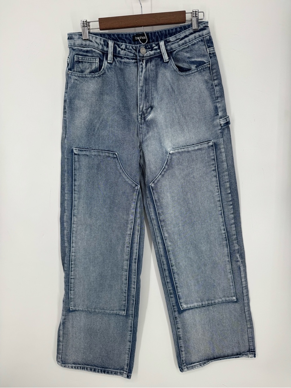 Boohoo Carpenter Jeans Light Wash Wide Leg Utility Denim Cropped HighRise Size 8